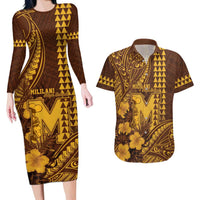 Personalised Hawaii Mililani High School Couples Matching Long Sleeve Bodycon Dress and Hawaiian Shirt Tribal Tattoo With Hibiscus Flowers