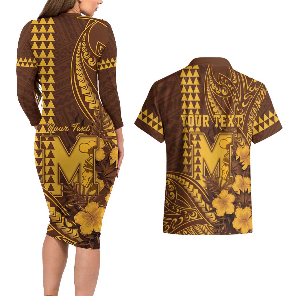 Personalised Hawaii Mililani High School Couples Matching Long Sleeve Bodycon Dress and Hawaiian Shirt Tribal Tattoo With Hibiscus Flowers