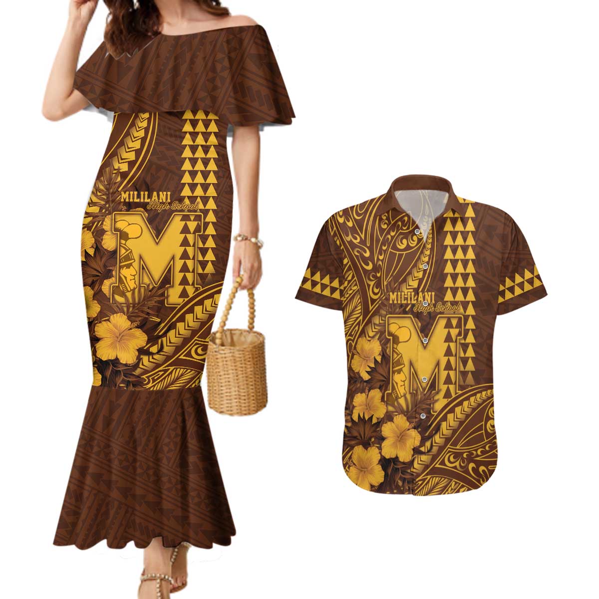 Personalised Hawaii Mililani High School Couples Matching Mermaid Dress and Hawaiian Shirt Tribal Tattoo With Hibiscus Flowers