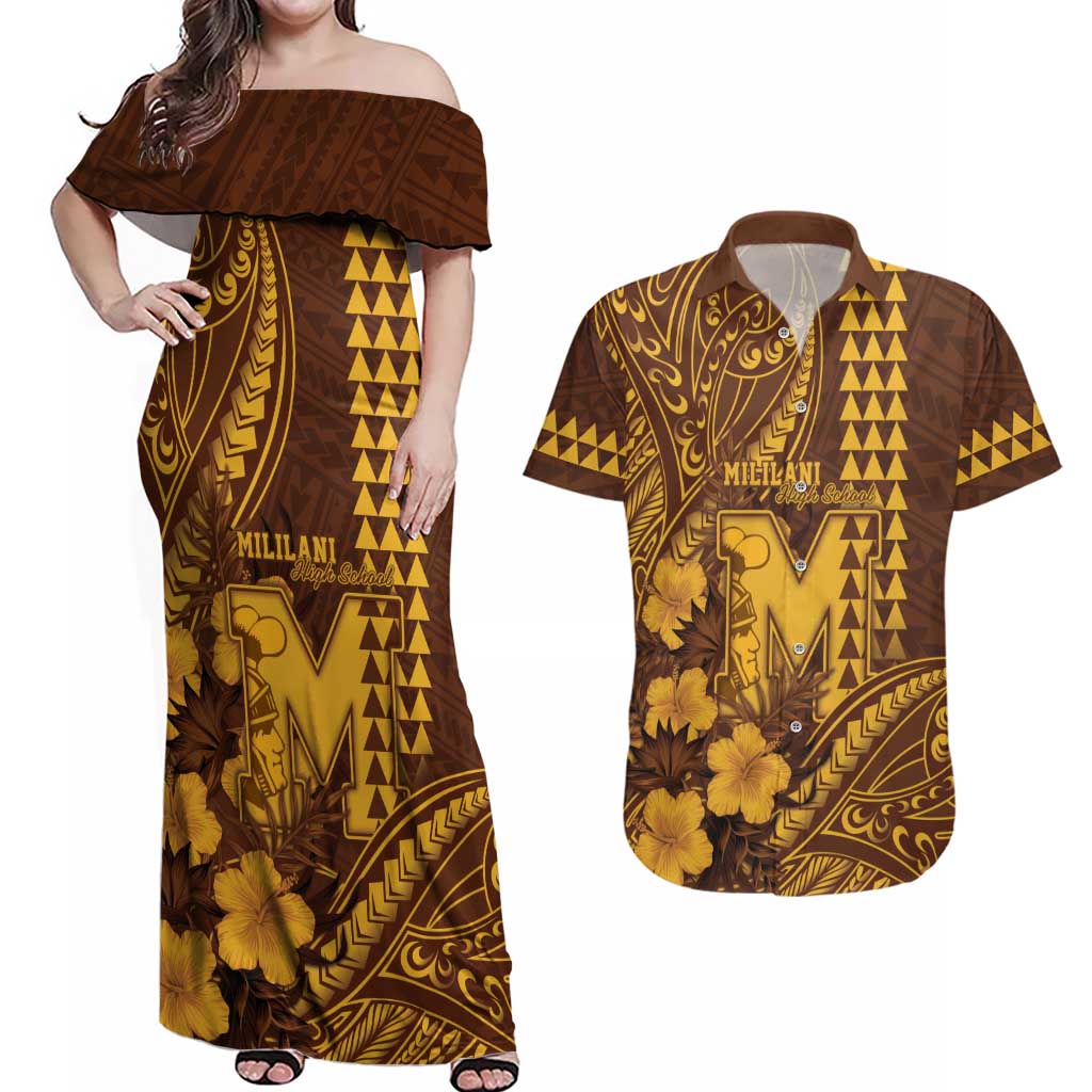 Personalised Hawaii Mililani High School Couples Matching Off Shoulder Maxi Dress and Hawaiian Shirt Tribal Tattoo With Hibiscus Flowers
