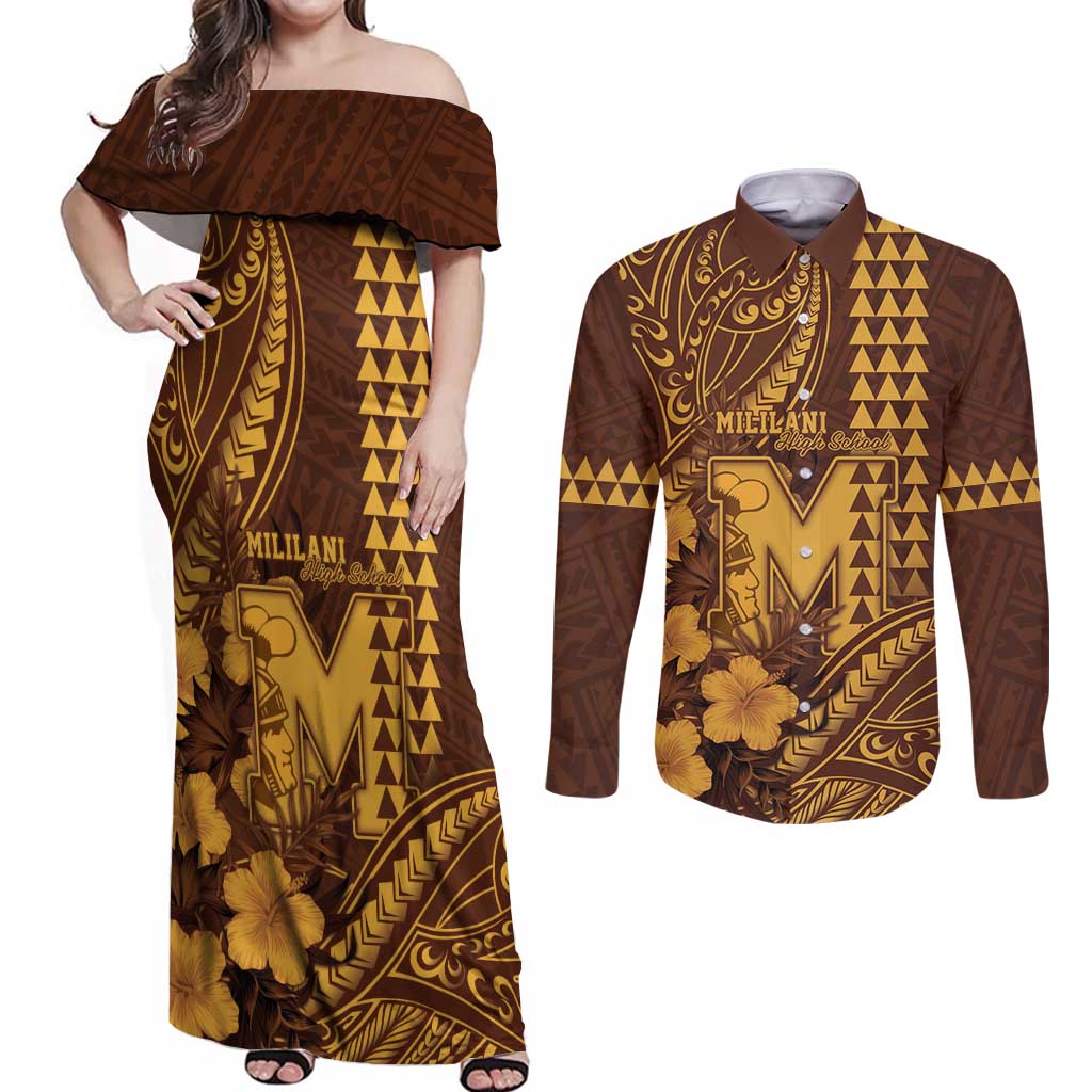 Personalised Hawaii Mililani High School Couples Matching Off Shoulder Maxi Dress and Long Sleeve Button Shirt Tribal Tattoo With Hibiscus Flowers