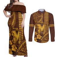 Personalised Hawaii Mililani High School Couples Matching Off Shoulder Maxi Dress and Long Sleeve Button Shirt Tribal Tattoo With Hibiscus Flowers