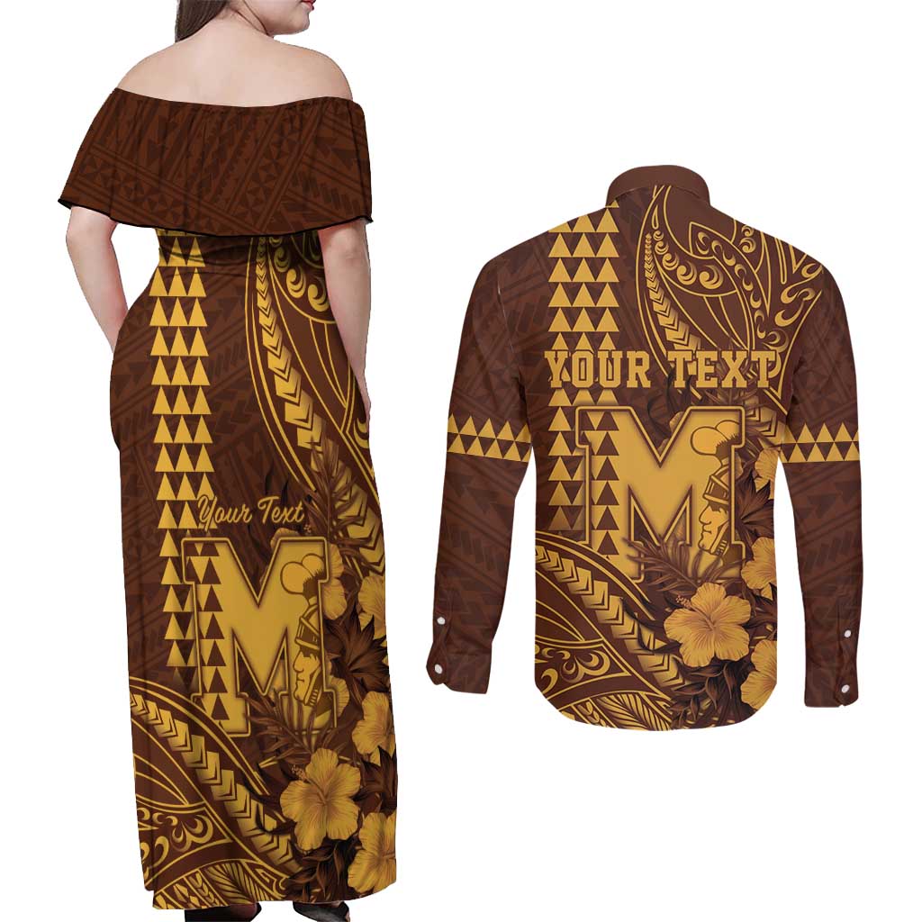 Personalised Hawaii Mililani High School Couples Matching Off Shoulder Maxi Dress and Long Sleeve Button Shirt Tribal Tattoo With Hibiscus Flowers