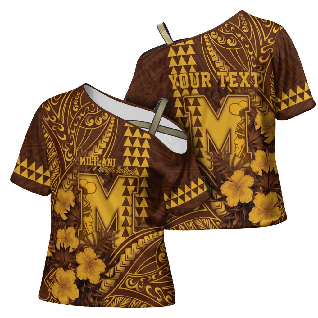 Personalised Hawaii Mililani High School Cross Shoulder Shirt Tribal Tattoo With Hibiscus Flowers