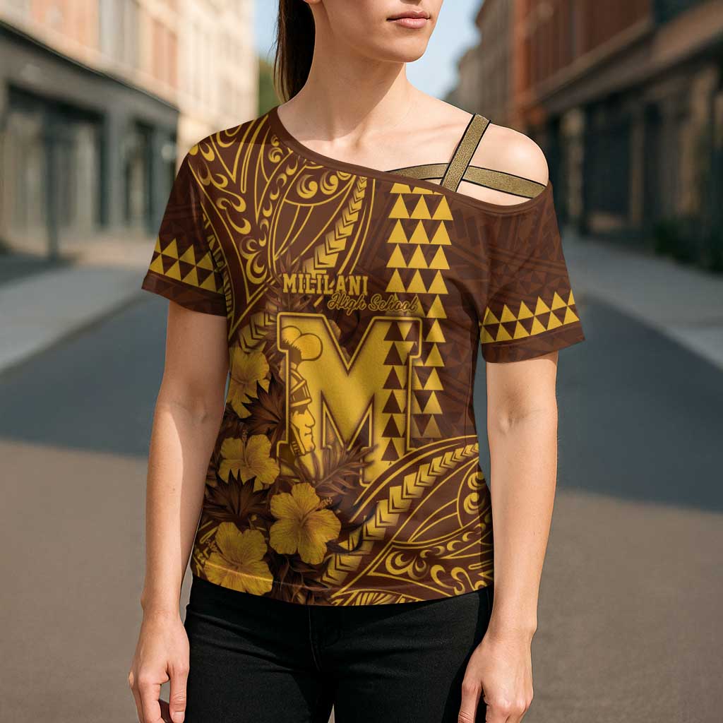 Personalised Hawaii Mililani High School Cross Shoulder Shirt Tribal Tattoo With Hibiscus Flowers