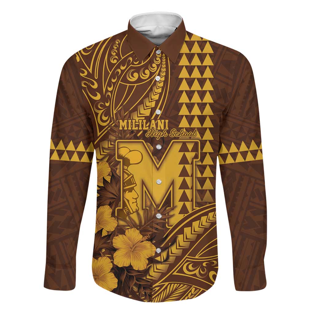 Personalised Hawaii Mililani High School Family Matching Long Sleeve Bodycon Dress and Hawaiian Shirt Tribal Tattoo With Hibiscus Flowers LT05 Dad's Shirt - Long Sleeve Brown - Polynesian Pride