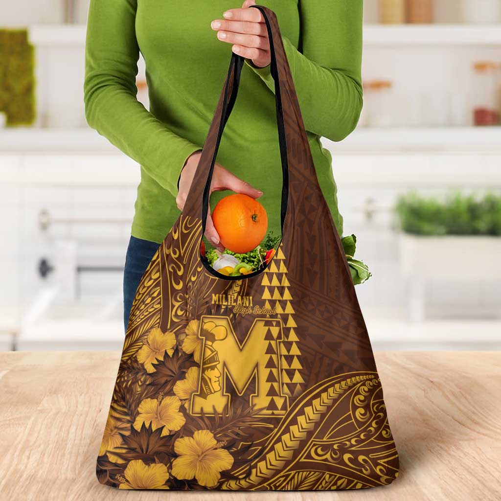 Hawaii Mililani High School Grocery Bag Tribal Tattoo With Hibiscus Flowers