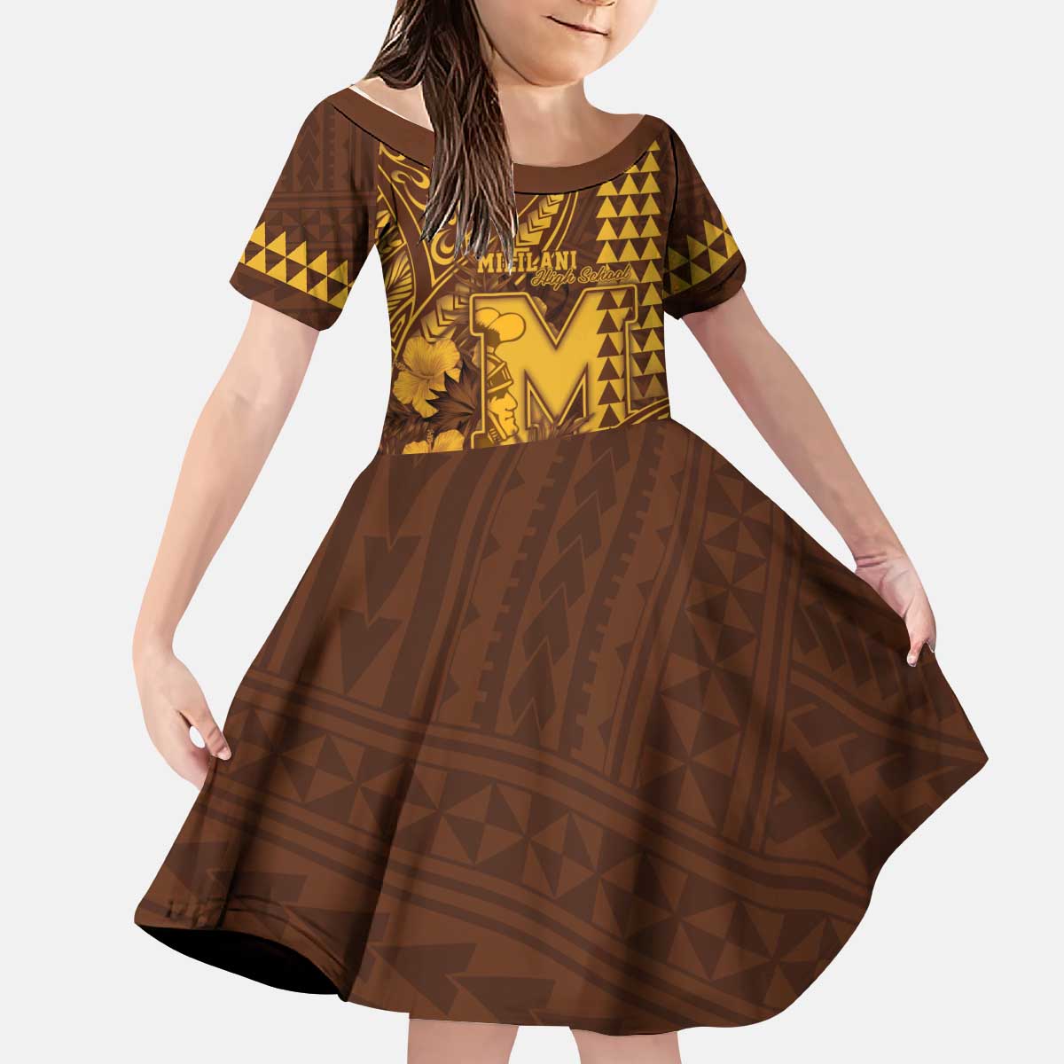 Personalised Hawaii Mililani High School Kid Short Sleeve Dress Tribal Tattoo With Hibiscus Flowers