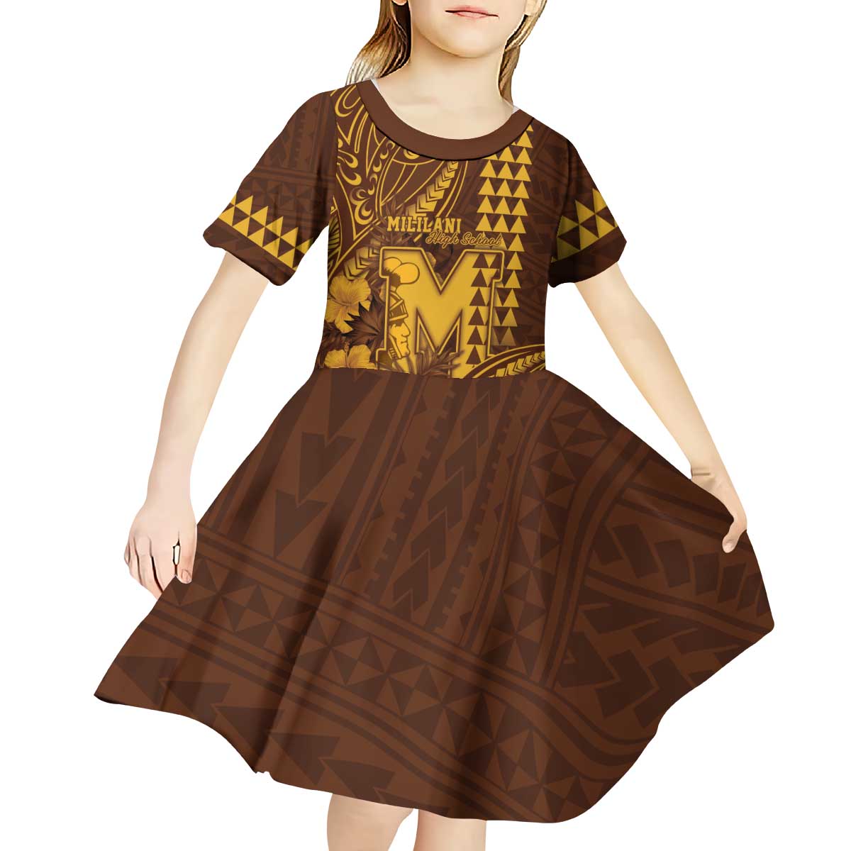 Personalised Hawaii Mililani High School Kid Short Sleeve Dress Tribal Tattoo With Hibiscus Flowers