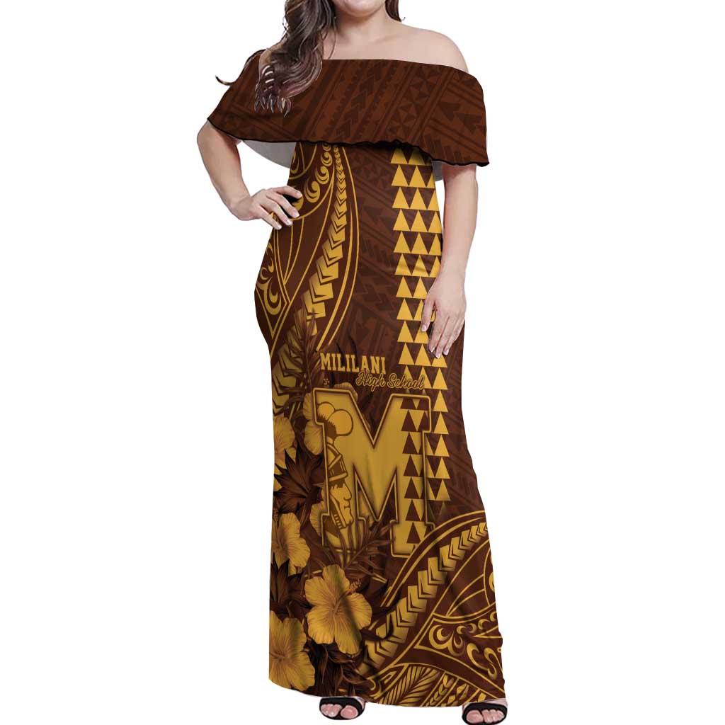 Personalised Hawaii Mililani High School Off Shoulder Maxi Dress Tribal Tattoo With Hibiscus Flowers
