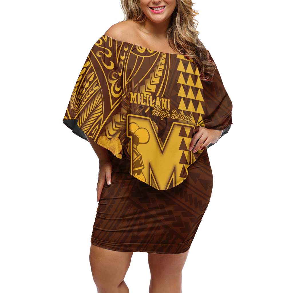 Personalised Hawaii Mililani High School Off Shoulder Short Dress Tribal Tattoo With Hibiscus Flowers LT05 Women Brown - Polynesian Pride