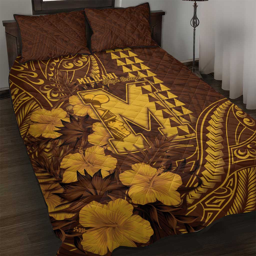 Hawaii Mililani High School Quilt Bed Set Tribal Tattoo With Hibiscus Flowers