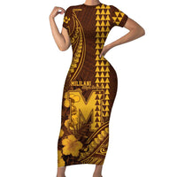 Personalised Hawaii Mililani High School Short Sleeve Bodycon Dress Tribal Tattoo With Hibiscus Flowers