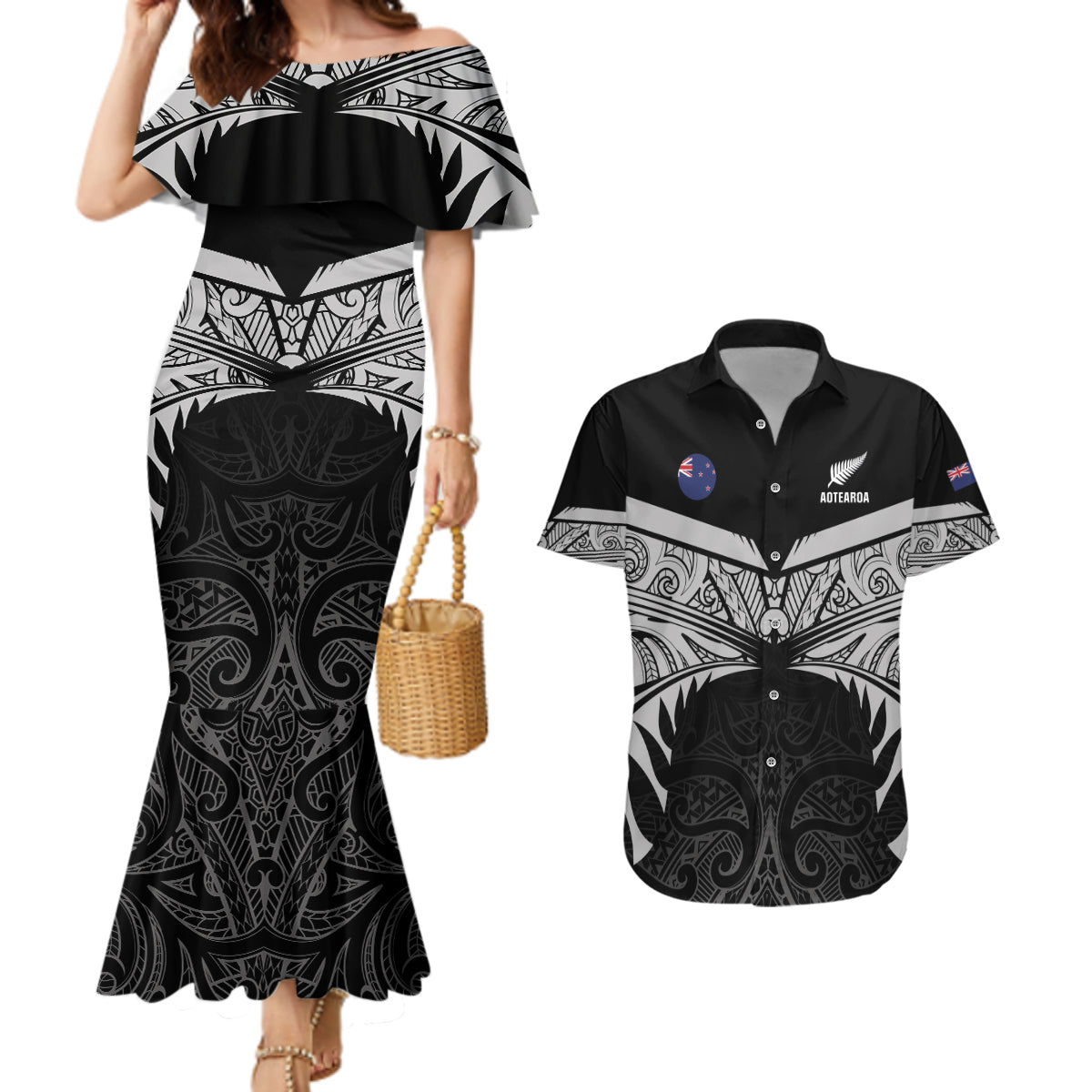 Custom New Zealand Cricket Couples Matching Mermaid Dress and Hawaiian Shirt Go Champions World Cup 2024 With Maori Pattern