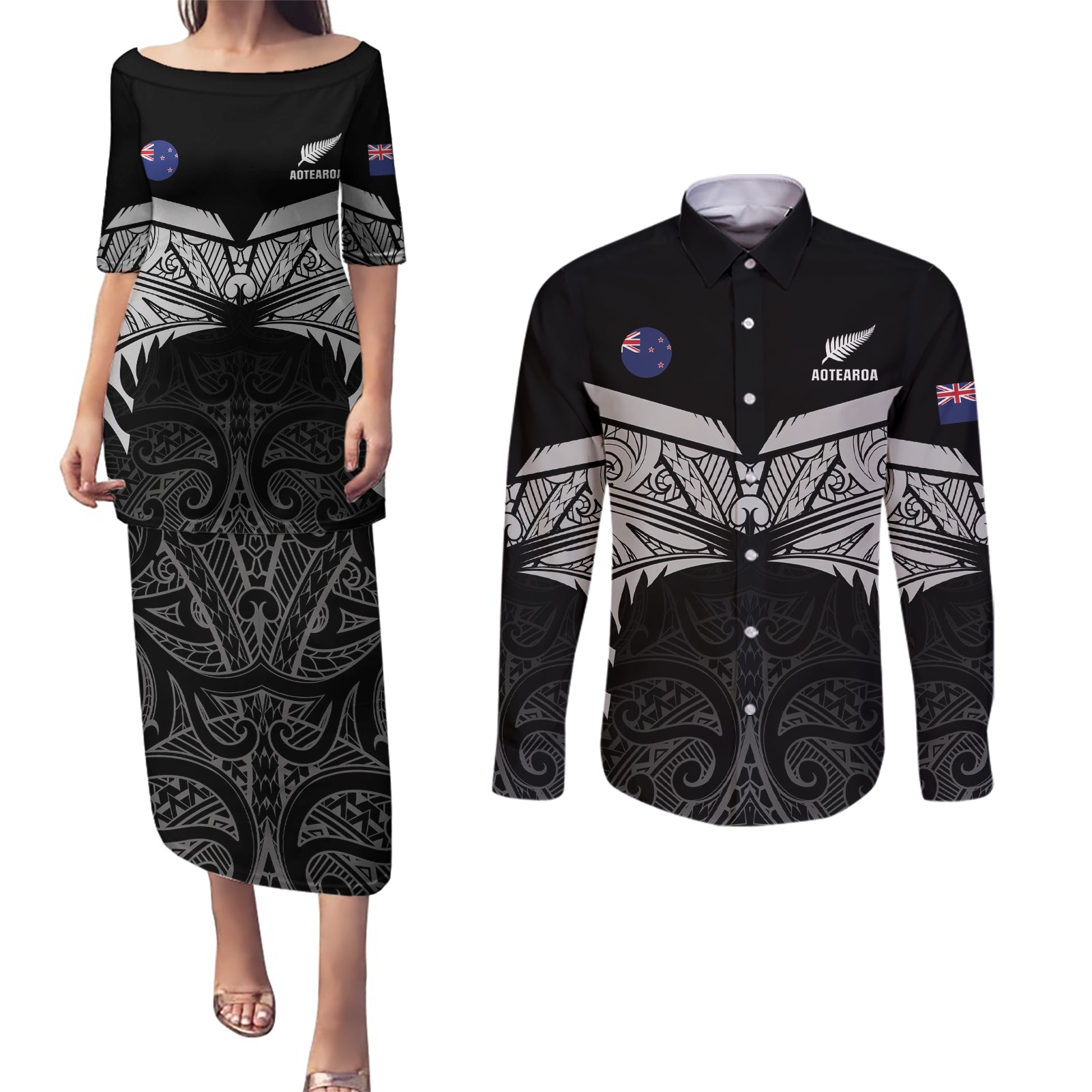 Custom New Zealand Cricket Couples Matching Puletasi and Long Sleeve Button Shirt Go Champions World Cup 2024 With Maori Pattern