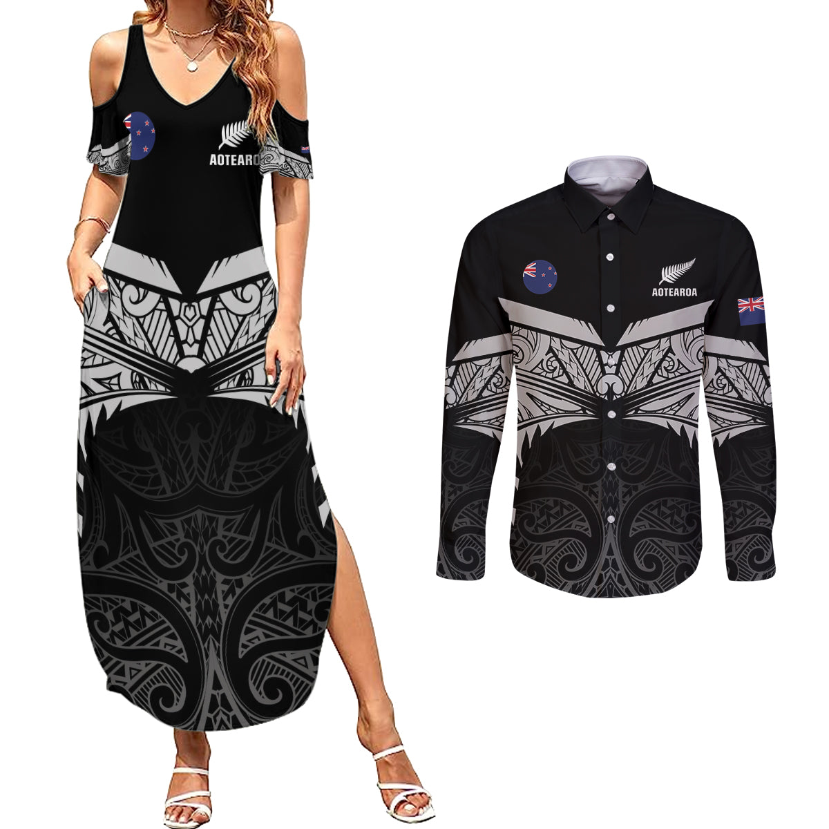 Custom New Zealand Cricket Couples Matching Summer Maxi Dress and Long Sleeve Button Shirt Go Champions World Cup 2024 With Maori Pattern