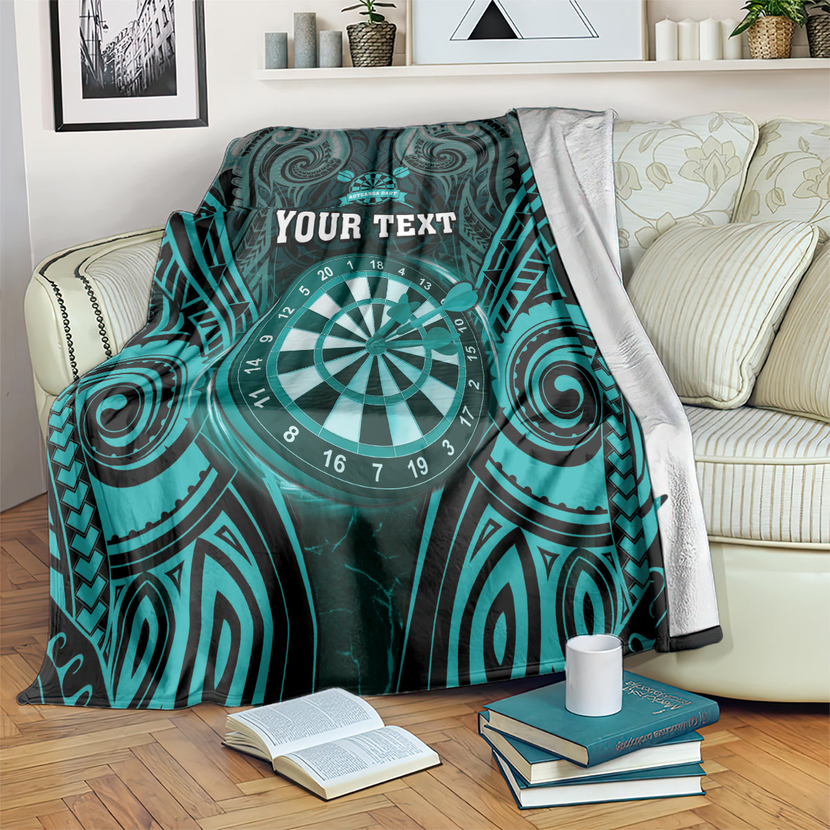 Personalised New Zealand Darts Blanket Turquoise Dart Board Maori Pattern