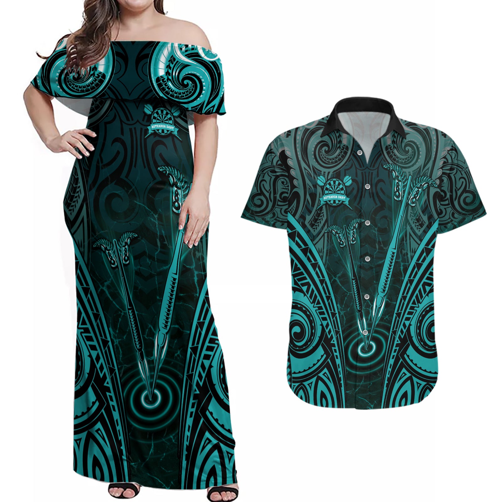 Personalised New Zealand Darts Couples Matching Off Shoulder Maxi Dress and Hawaiian Shirt Turquoise Dart Board Maori Pattern