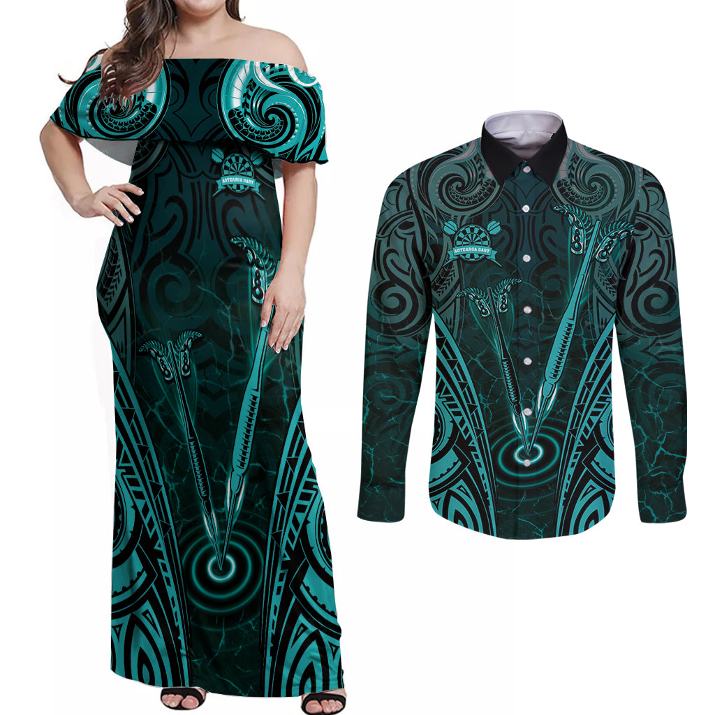 Personalised New Zealand Darts Couples Matching Off Shoulder Maxi Dress and Long Sleeve Button Shirt Turquoise Dart Board Maori Pattern