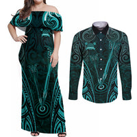 Personalised New Zealand Darts Couples Matching Off Shoulder Maxi Dress and Long Sleeve Button Shirt Turquoise Dart Board Maori Pattern