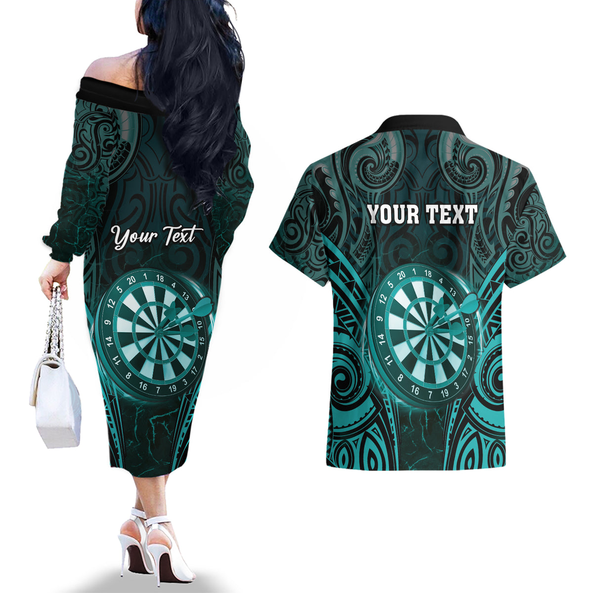 Personalised New Zealand Darts Couples Matching Off The Shoulder Long Sleeve Dress and Hawaiian Shirt Turquoise Dart Board Maori Pattern