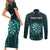 Personalised New Zealand Darts Couples Matching Short Sleeve Bodycon Dress and Long Sleeve Button Shirt Turquoise Dart Board Maori Pattern