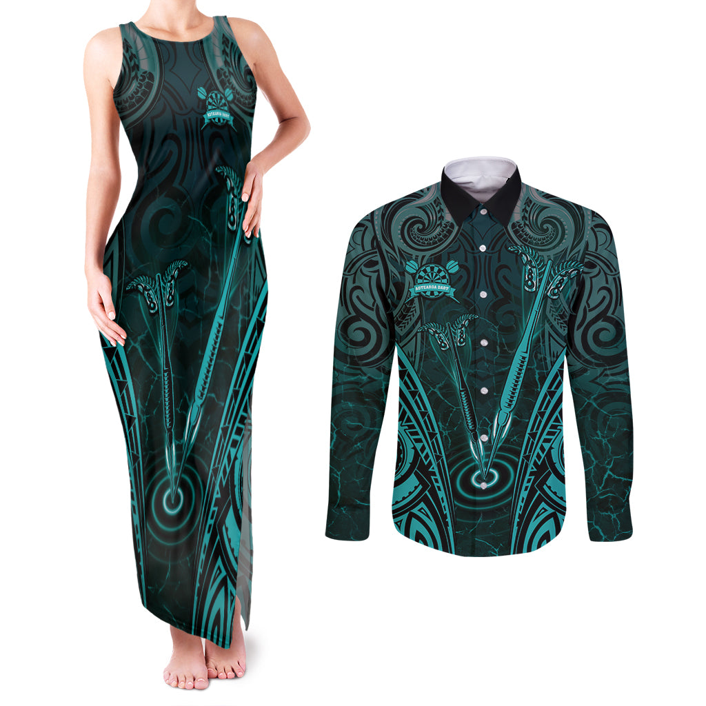 Personalised New Zealand Darts Couples Matching Tank Maxi Dress and Long Sleeve Button Shirt Turquoise Dart Board Maori Pattern