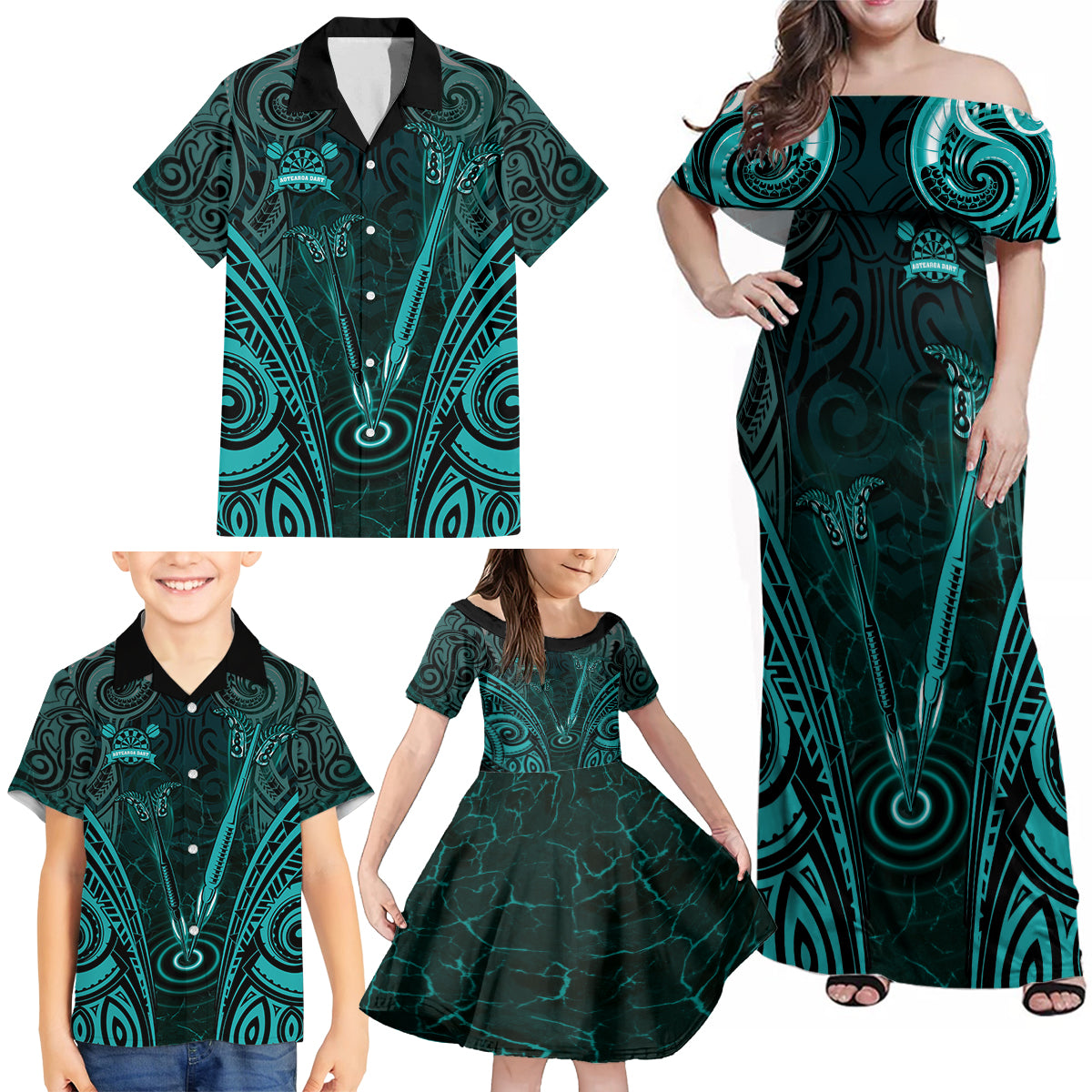 Personalised New Zealand Darts Family Matching Off Shoulder Maxi Dress and Hawaiian Shirt Turquoise Dart Board Maori Pattern