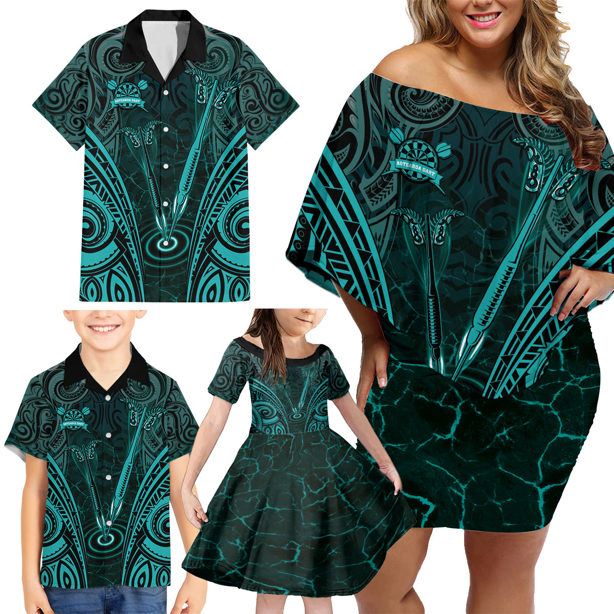 Personalised New Zealand Darts Family Matching Off Shoulder Short Dress and Hawaiian Shirt Turquoise Dart Board Maori Pattern