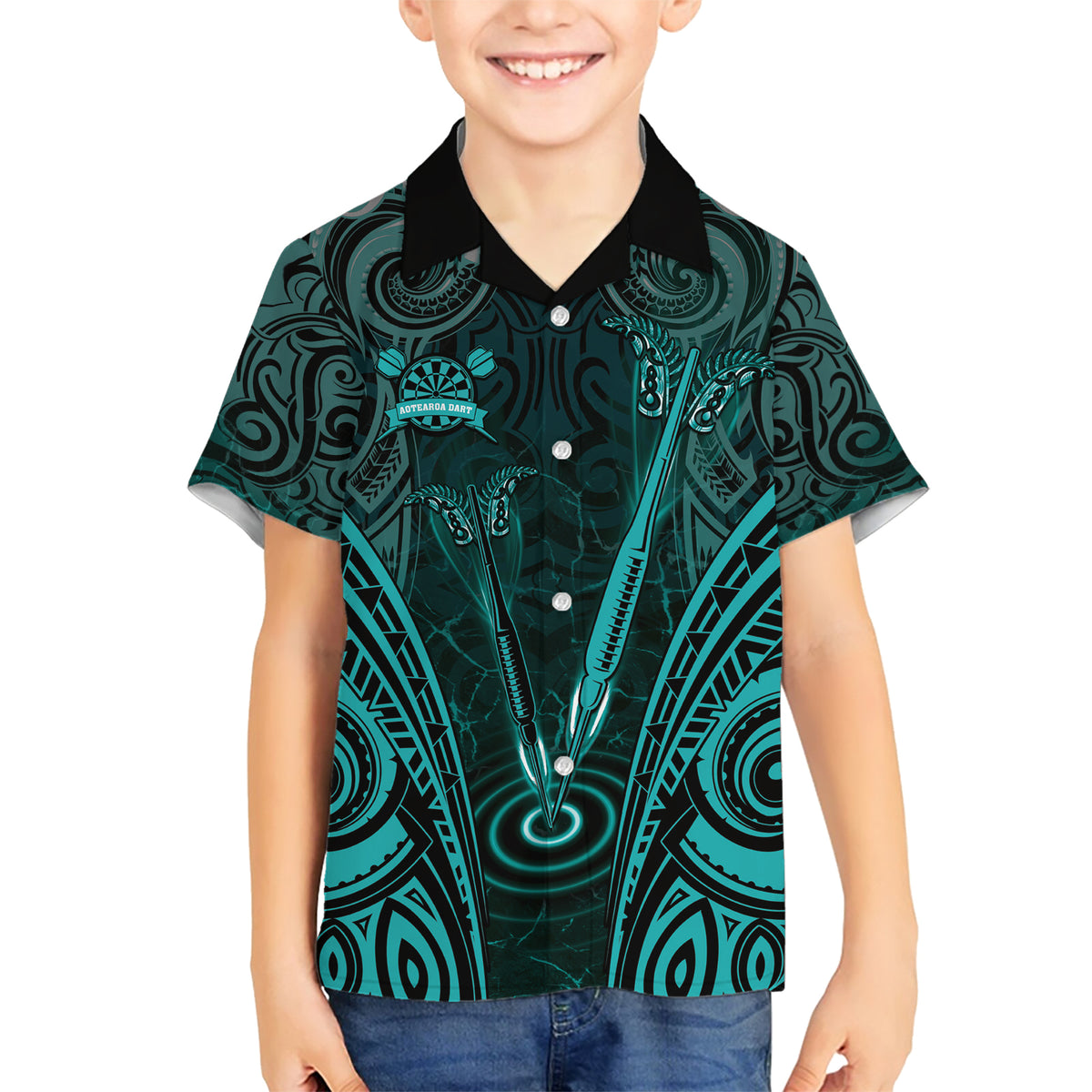 Personalised New Zealand Darts Family Matching Short Sleeve Bodycon Dress and Hawaiian Shirt Turquoise Dart Board Maori Pattern