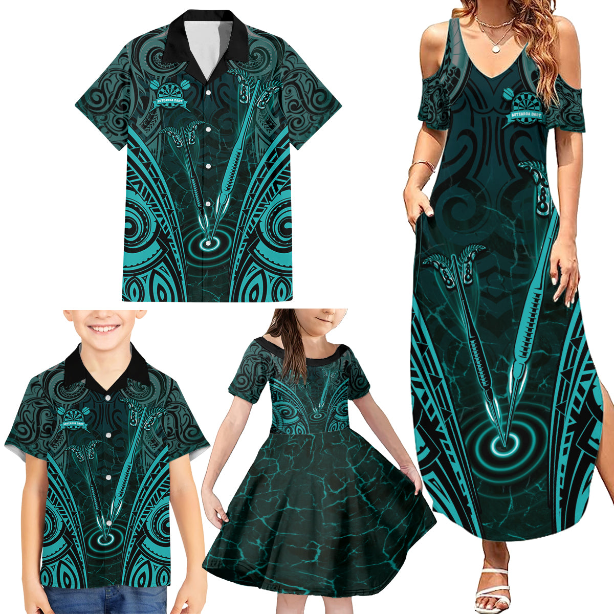 Personalised New Zealand Darts Family Matching Summer Maxi Dress and Hawaiian Shirt Turquoise Dart Board Maori Pattern