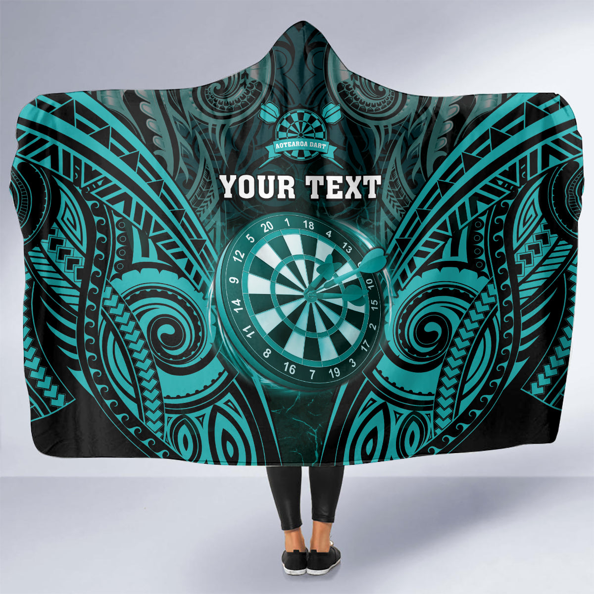 Personalised New Zealand Darts Hooded Blanket Turquoise Dart Board Maori Pattern