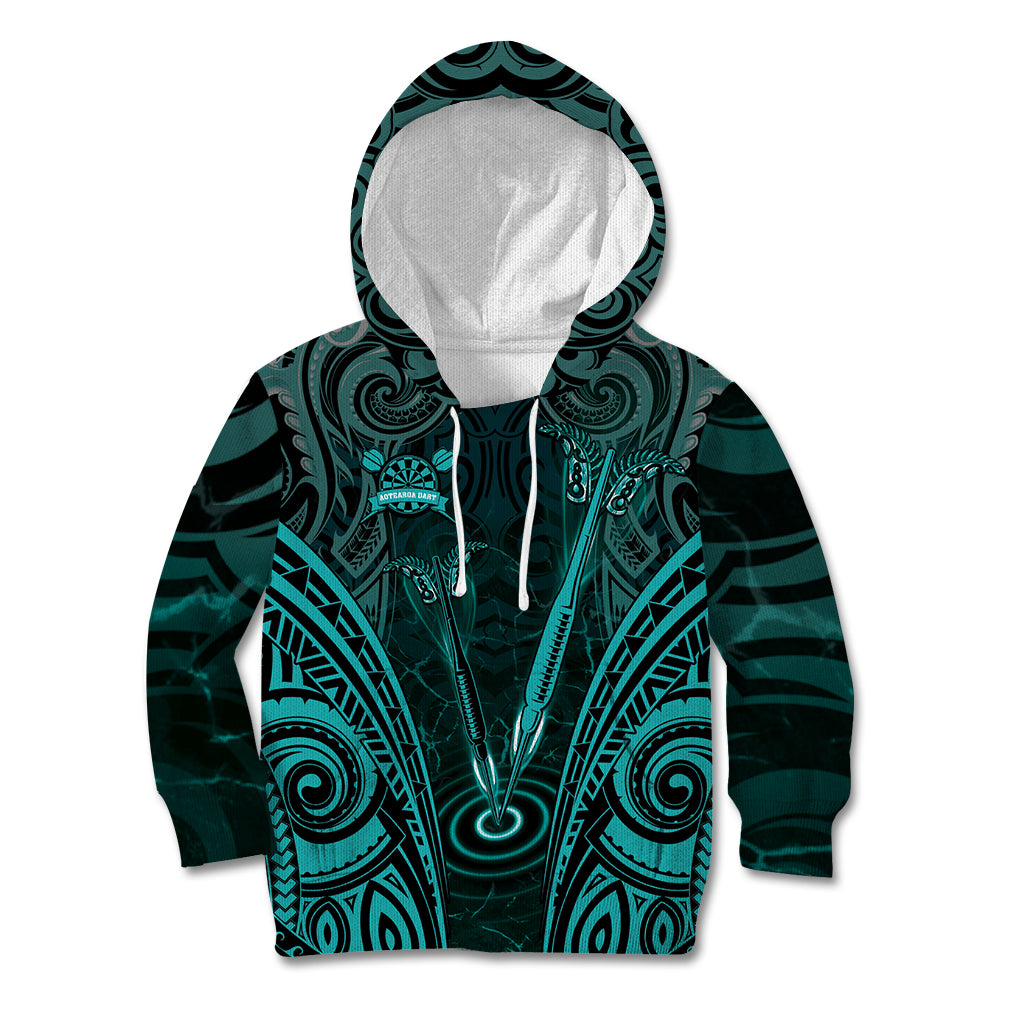 Personalised New Zealand Darts Kid Hoodie Turquoise Dart Board Maori Pattern