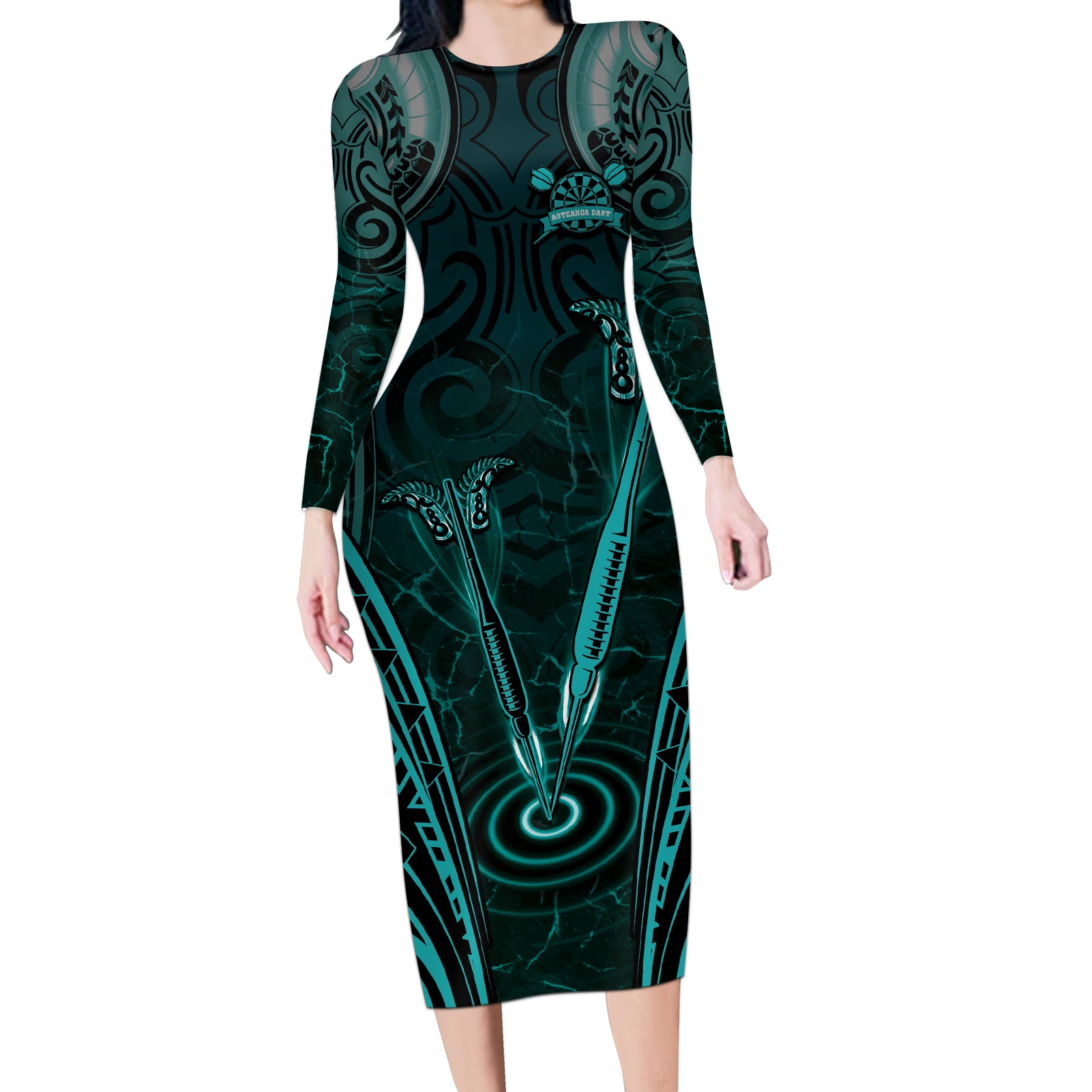 Personalised New Zealand Darts Long Sleeve Bodycon Dress Turquoise Dart Board Maori Pattern