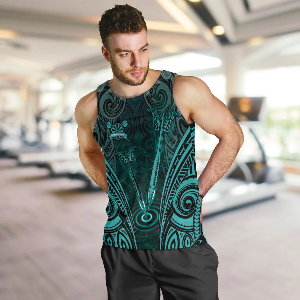 Personalised New Zealand Darts Men Tank Top Turquoise Dart Board Maori Pattern