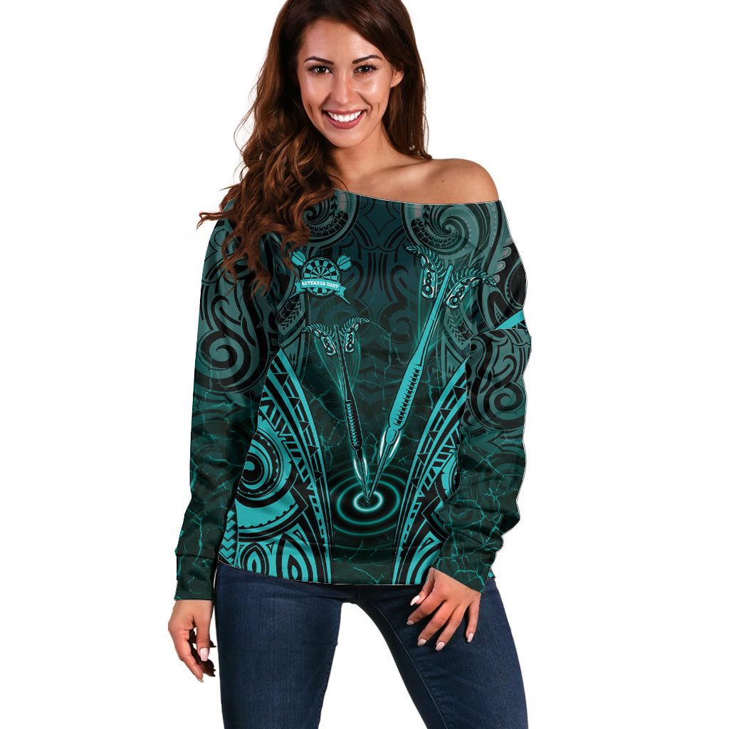 Personalised New Zealand Darts Off Shoulder Sweater Turquoise Dart Board Maori Pattern