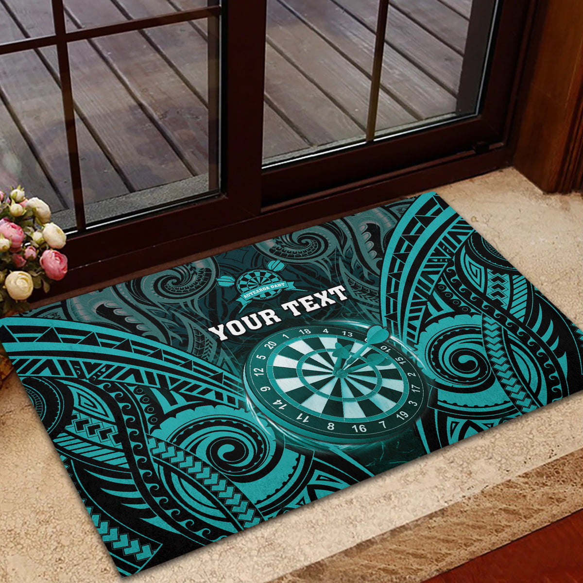 Personalised New Zealand Darts Rubber Doormat Turquoise Dart Board Maori Pattern