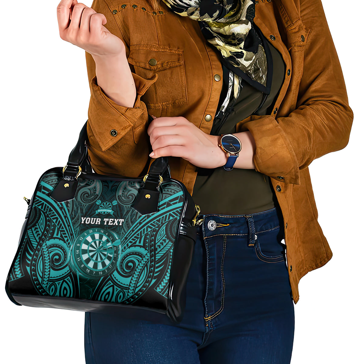 Personalised New Zealand Darts Shoulder Handbag Turquoise Dart Board Maori Pattern