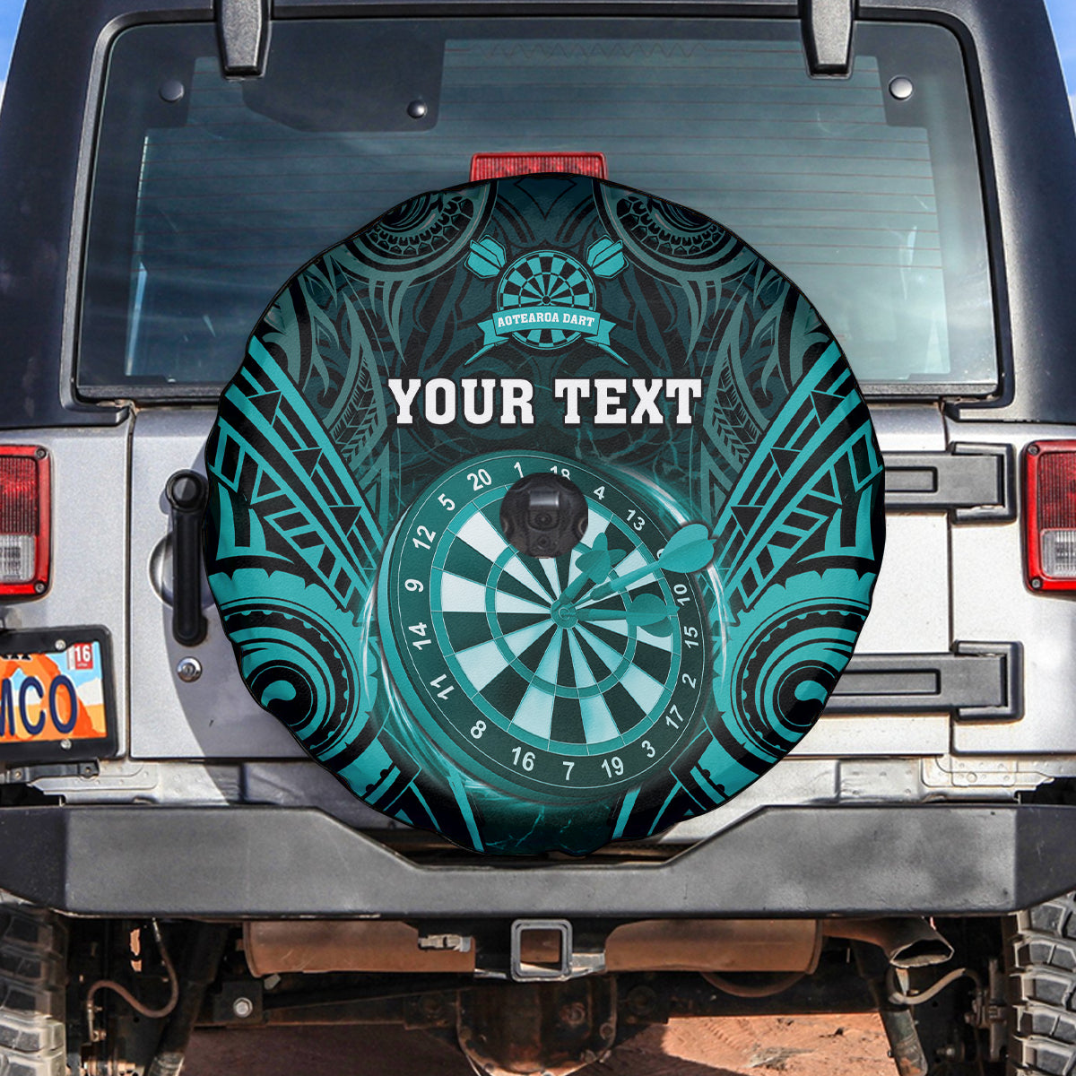 Personalised New Zealand Darts Spare Tire Cover Turquoise Dart Board Maori Pattern