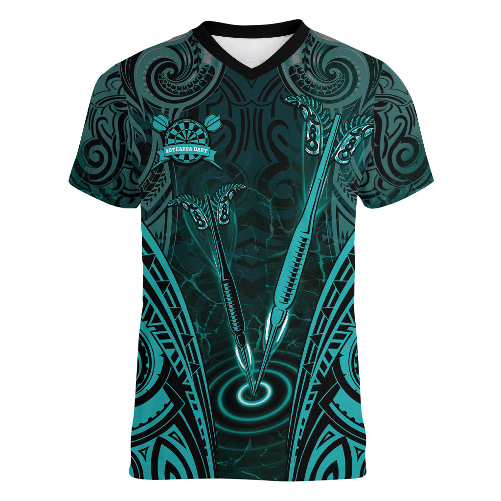 Personalised New Zealand Darts Women V-Neck T-Shirt Turquoise Dart Board Maori Pattern