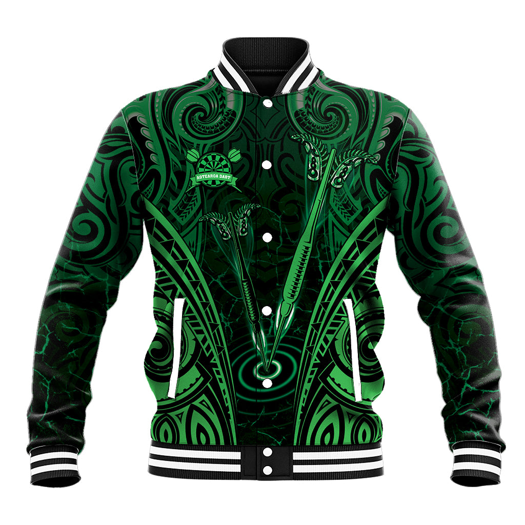 Personalised New Zealand Darts Baseball Jacket Green Dart Board Maori Pattern