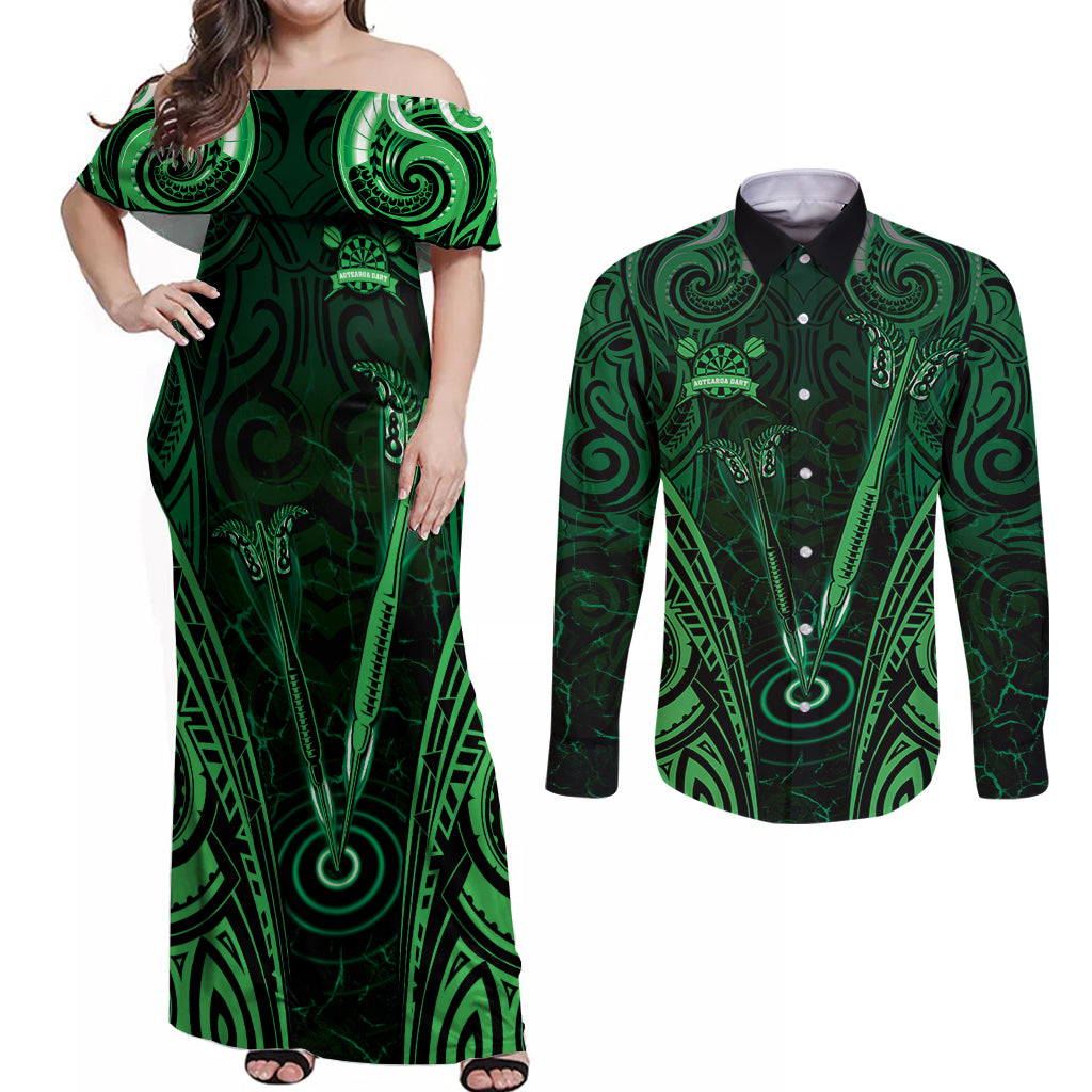 Personalised New Zealand Darts Couples Matching Off Shoulder Maxi Dress and Long Sleeve Button Shirt Green Dart Board Maori Pattern