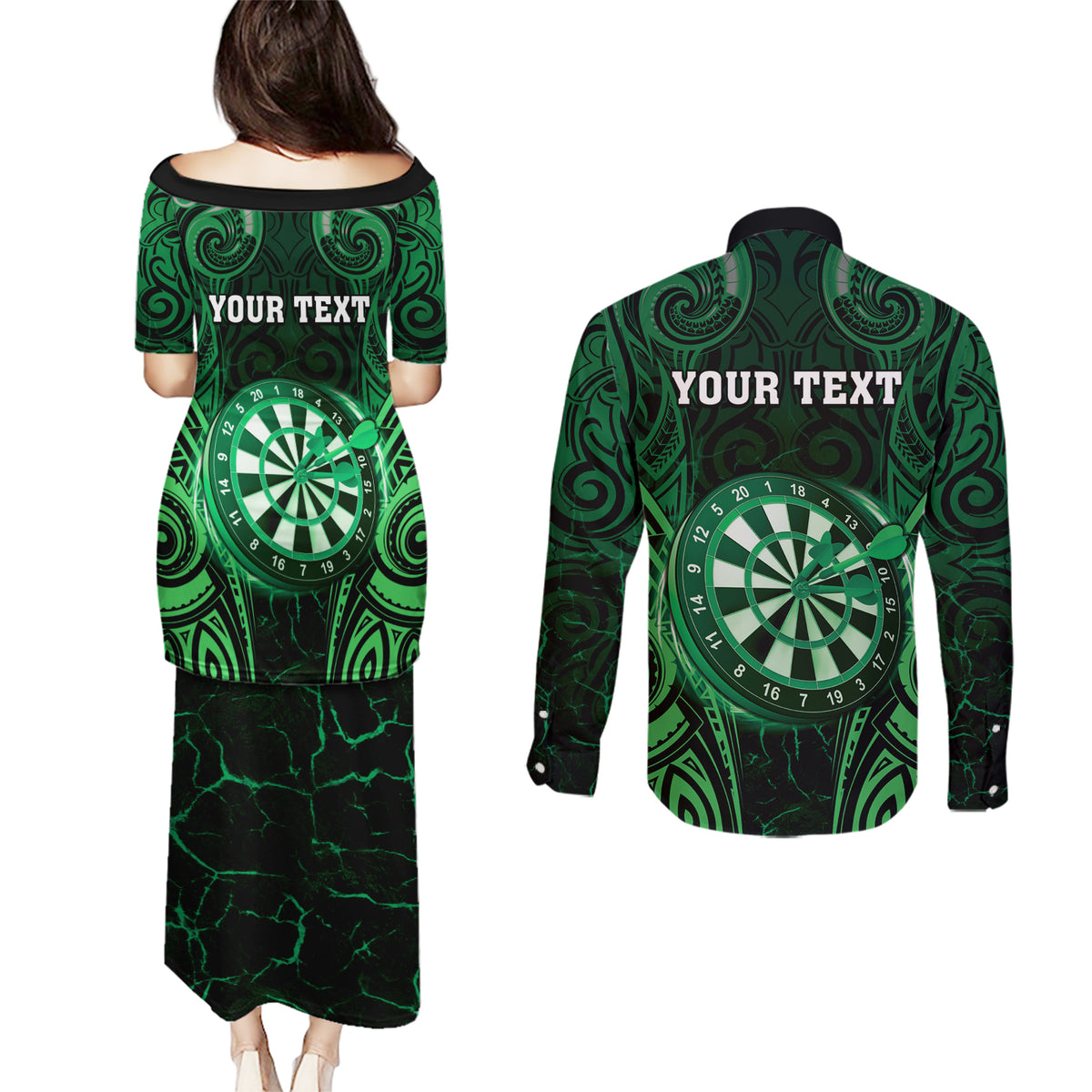 Personalised New Zealand Darts Couples Matching Puletasi and Long Sleeve Button Shirt Green Dart Board Maori Pattern