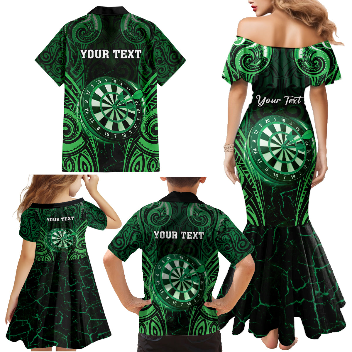 Personalised New Zealand Darts Family Matching Mermaid Dress and Hawaiian Shirt Green Dart Board Maori Pattern