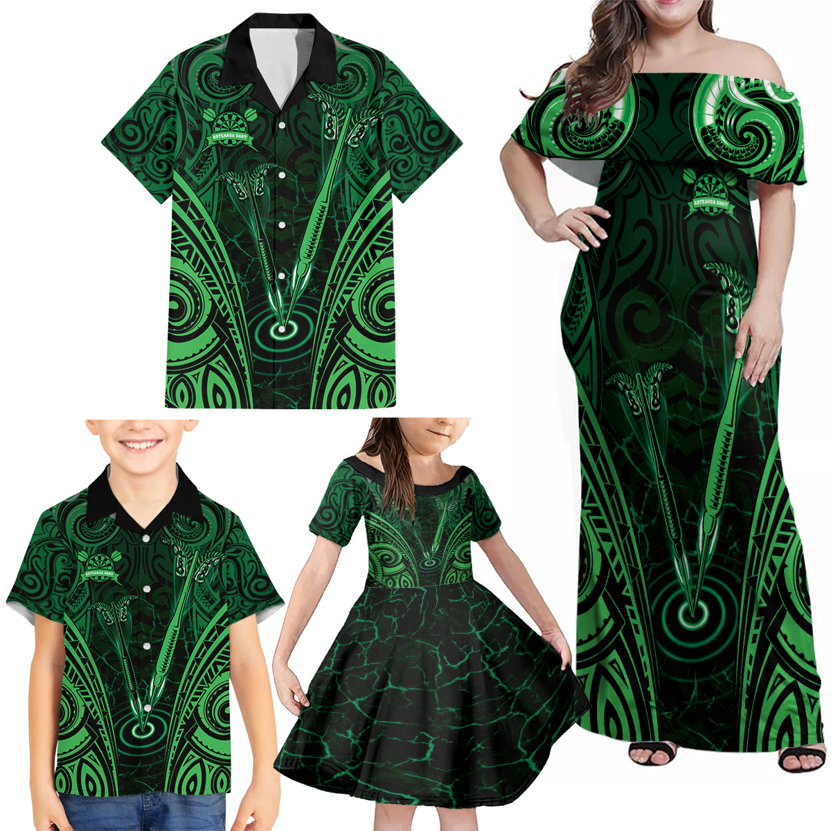 Personalised New Zealand Darts Family Matching Off Shoulder Maxi Dress and Hawaiian Shirt Green Dart Board Maori Pattern