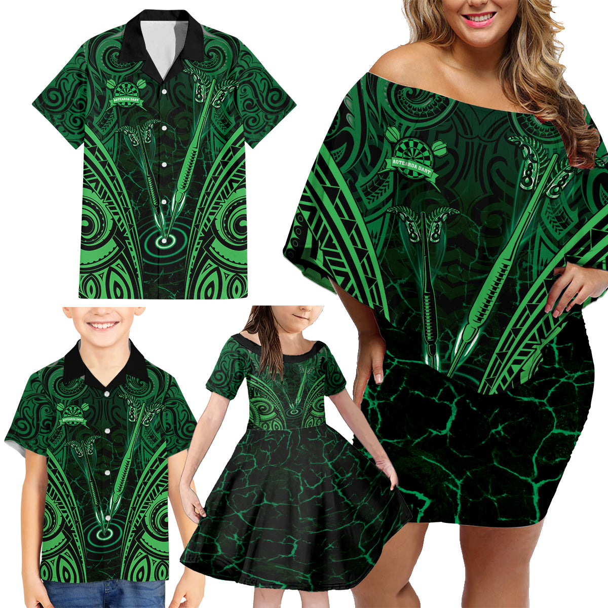 Personalised New Zealand Darts Family Matching Off Shoulder Short Dress and Hawaiian Shirt Green Dart Board Maori Pattern