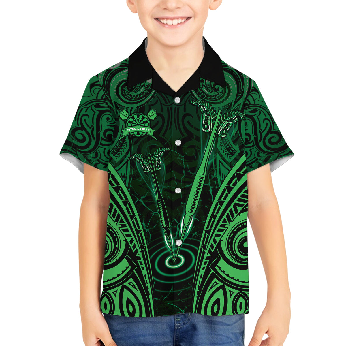 Personalised New Zealand Darts Family Matching Off Shoulder Short Dress and Hawaiian Shirt Green Dart Board Maori Pattern