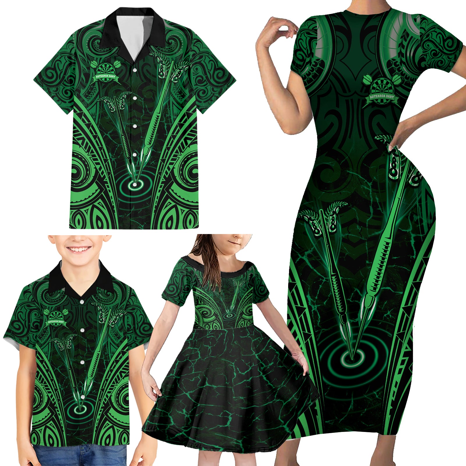 Personalised New Zealand Darts Family Matching Short Sleeve Bodycon Dress and Hawaiian Shirt Green Dart Board Maori Pattern