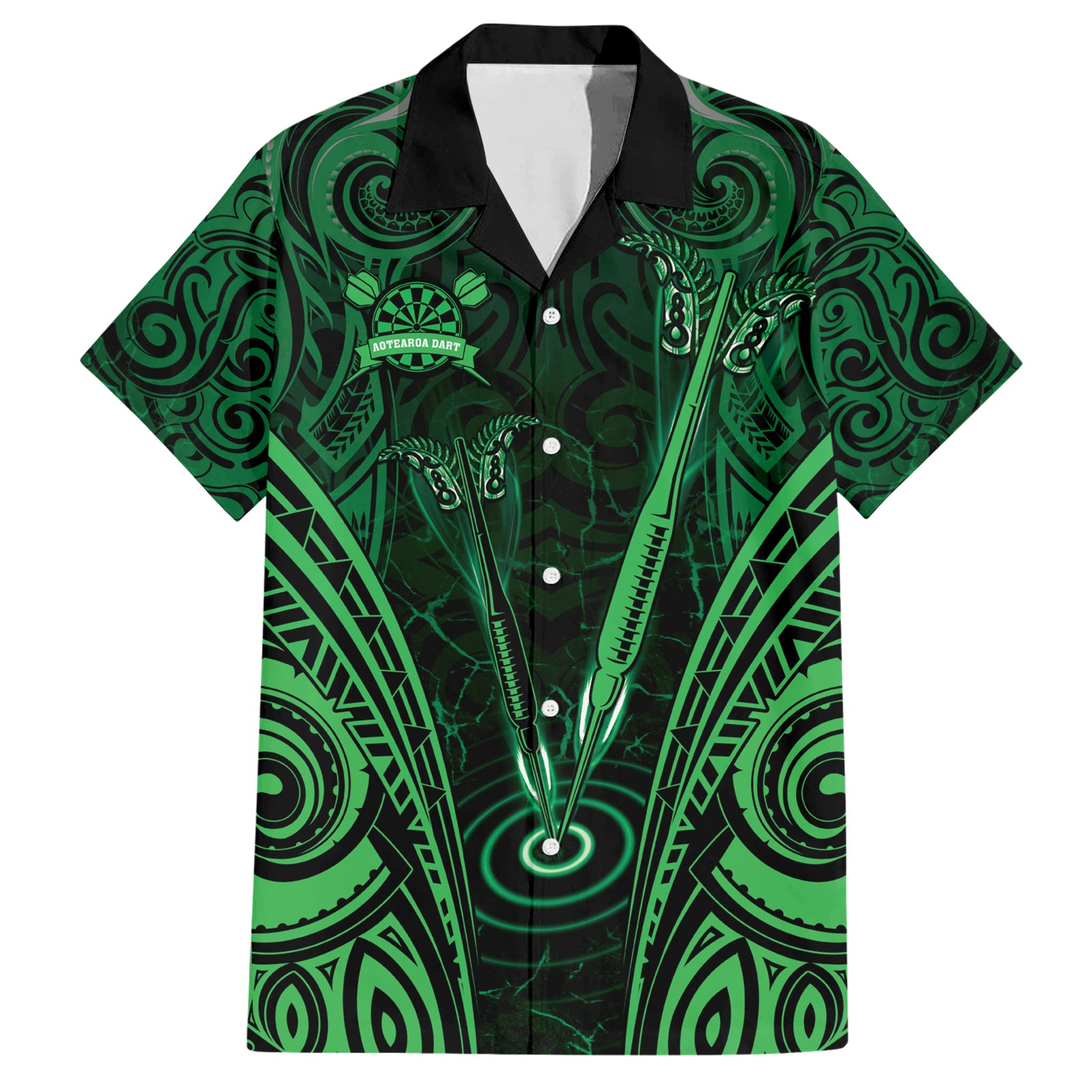 Personalised New Zealand Darts Hawaiian Shirt Green Dart Board Maori Pattern