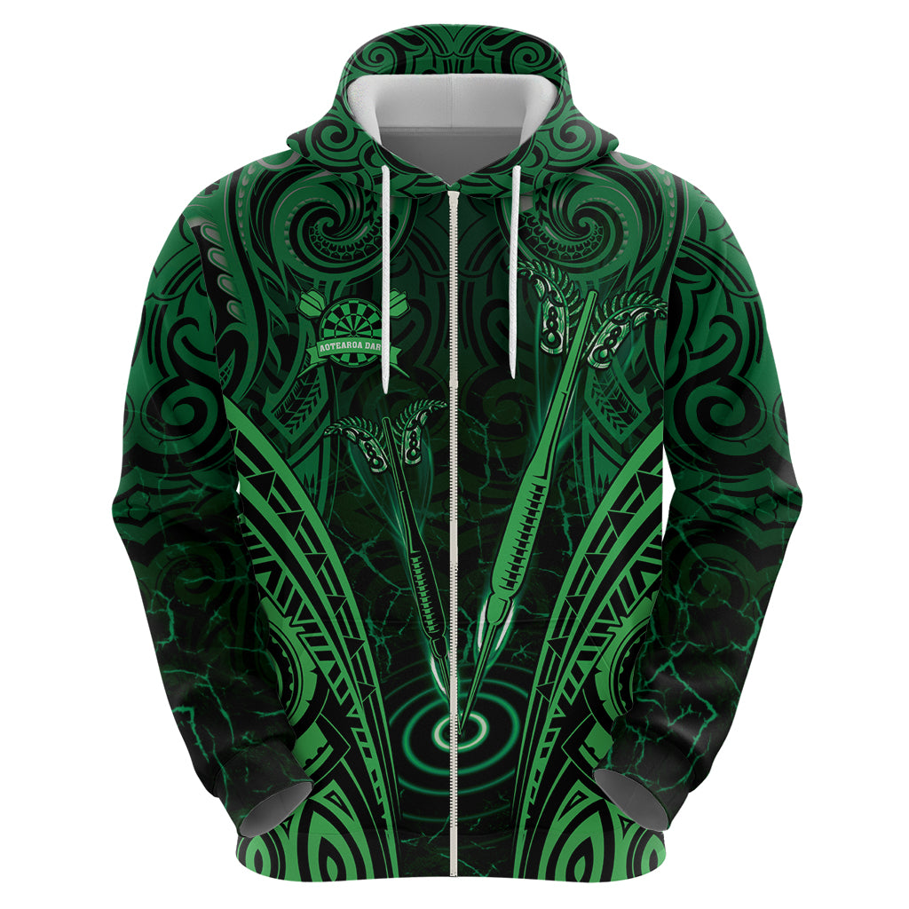 Personalised New Zealand Darts Hoodie Green Dart Board Maori Pattern